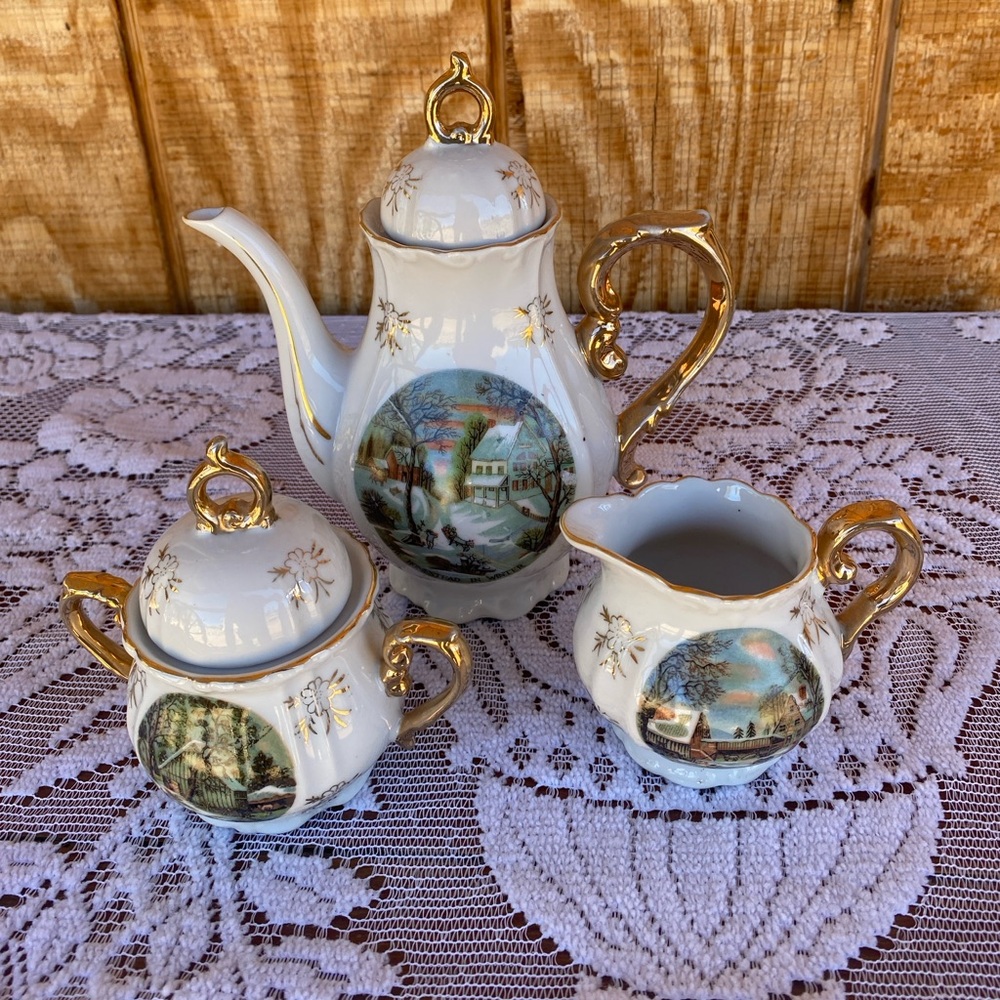 Vintage Enesco "The Homestead in Winter” 5 piece Tea Set